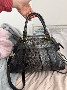 Brahmin Louise Rose Twilight Black with silver ombré leather satchel